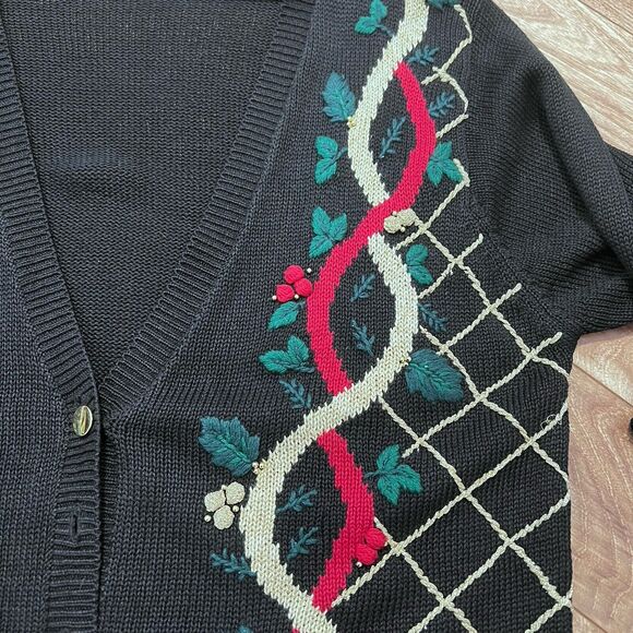 Dressbarn Christmas Cardigan Sweater Size 18/20 Black Mistletoe Embroidered - Picture 6 of 7